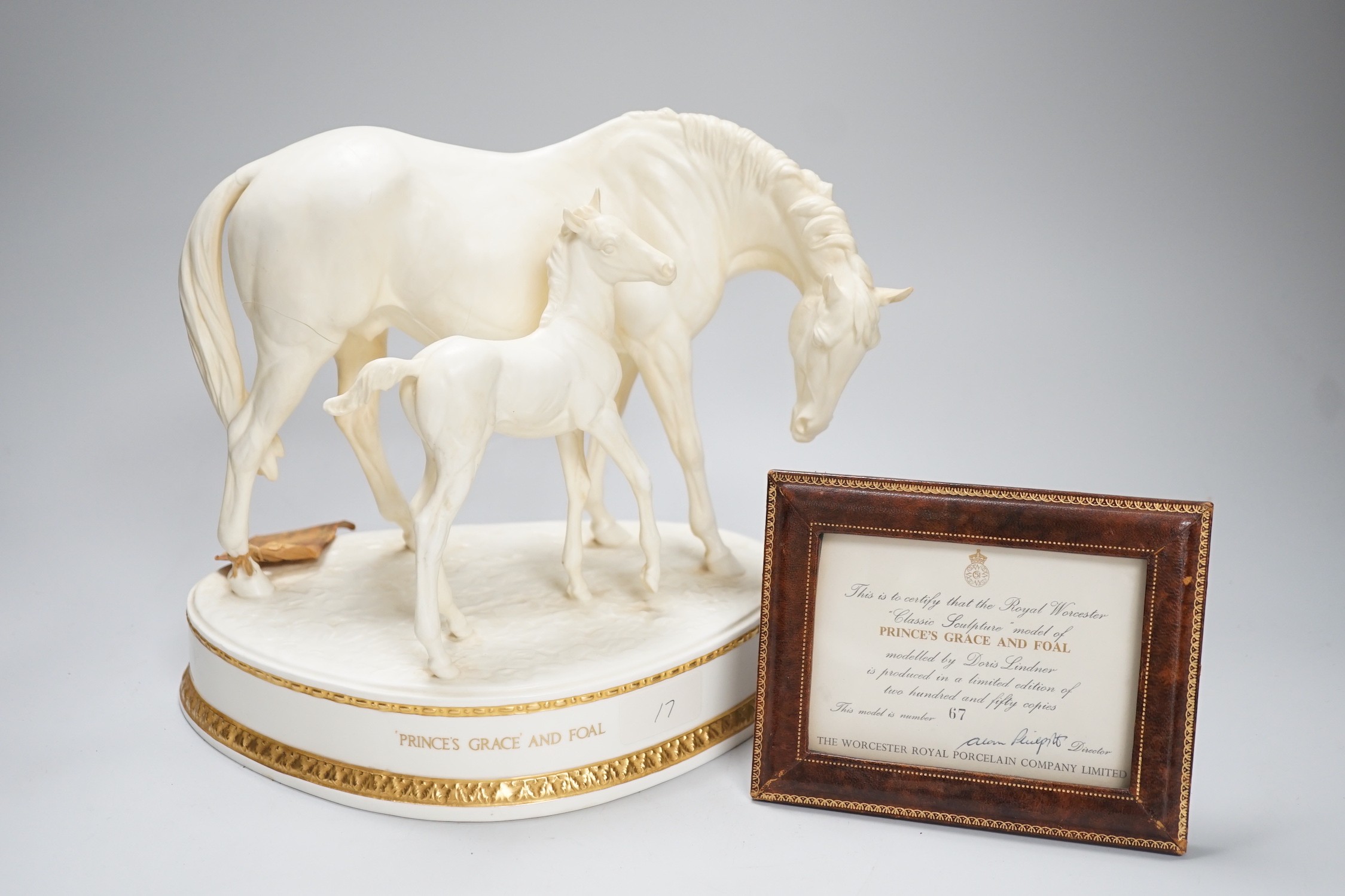 A Royal Worcester group ‘’Princess Grace and Foal’’, modelled by Doris Lindner (cracked). 22.5cm high